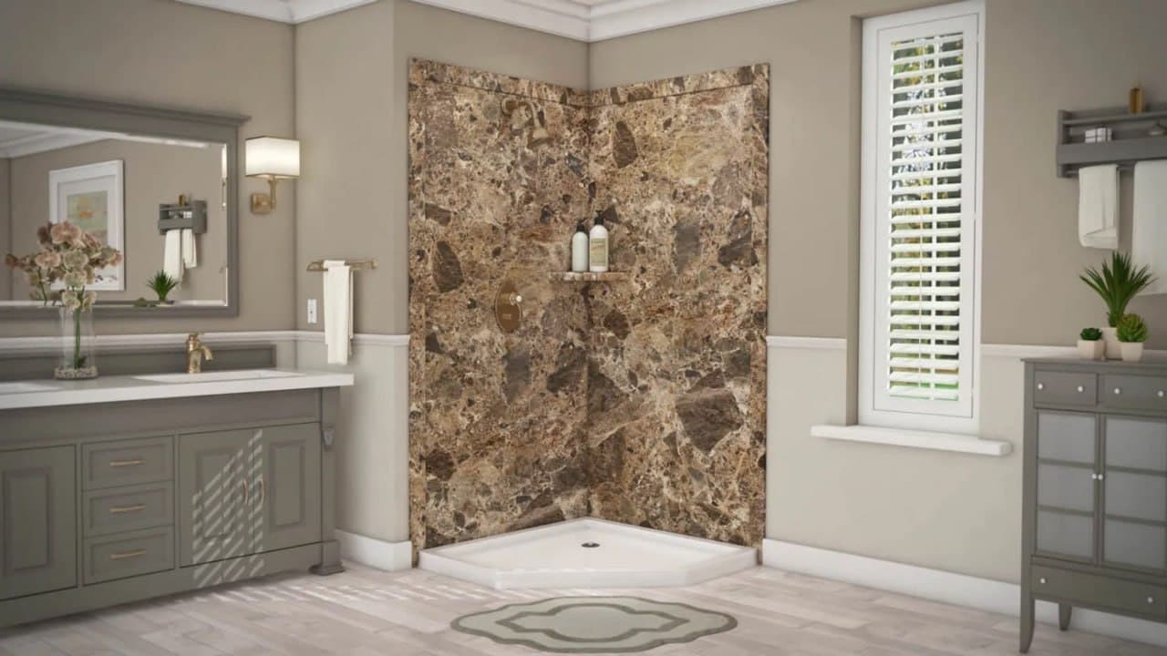 Breccia Paradiso Corner Shower — Jacob Showers and Baths St. Louis